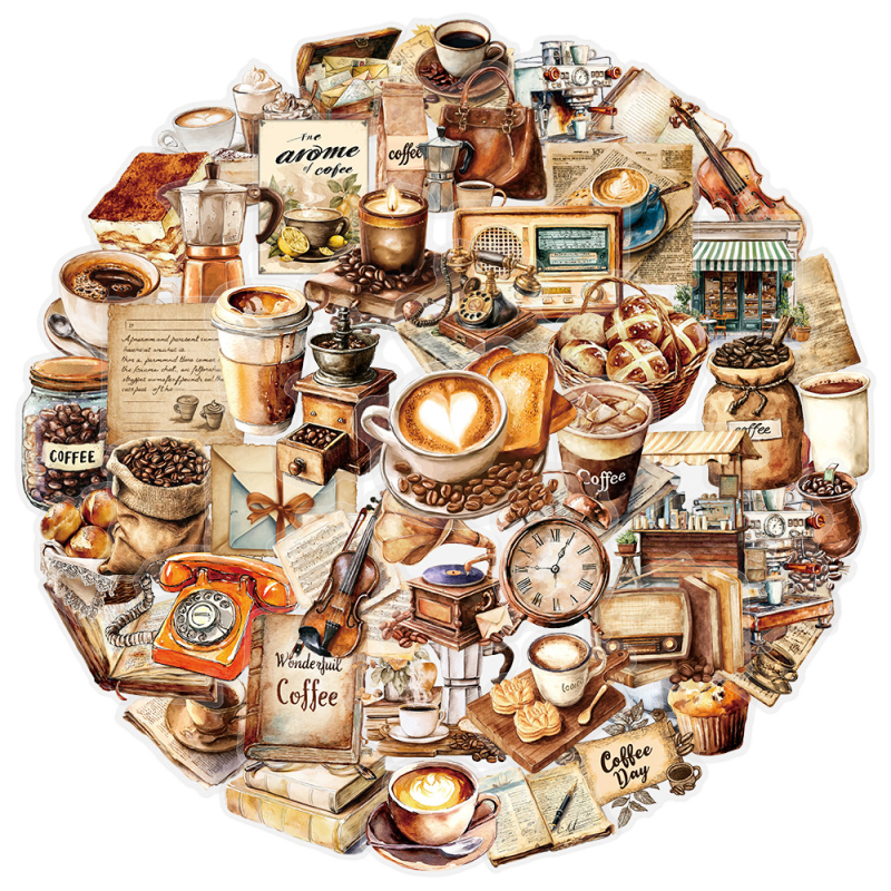 50 retro kafijas uzlīmes – PET materiāls, drukāšana, mūsdienīgs minimālisma stils; dienasgrāmatai, tālrunim, ģitārai, skateboardam, datoram, krūzei (Produkta kods TM50-23-PET)