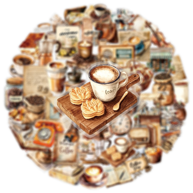 50 retro kafijas uzlīmes – PET materiāls, drukāšana, mūsdienīgs minimālisma stils; dienasgrāmatai, tālrunim, ģitārai, skateboardam, datoram, krūzei (Produkta kods TM50-23-PET)