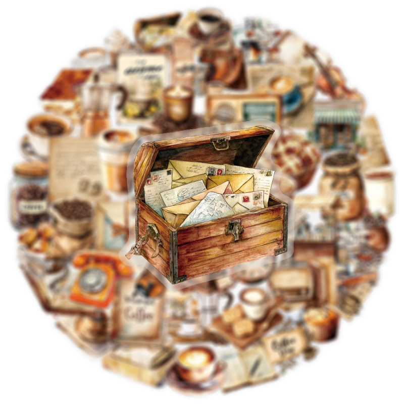 50 retro kafijas uzlīmes – PET materiāls, drukāšana, mūsdienīgs minimālisma stils; dienasgrāmatai, tālrunim, ģitārai, skateboardam, datoram, krūzei (Produkta kods TM50-23-PET)