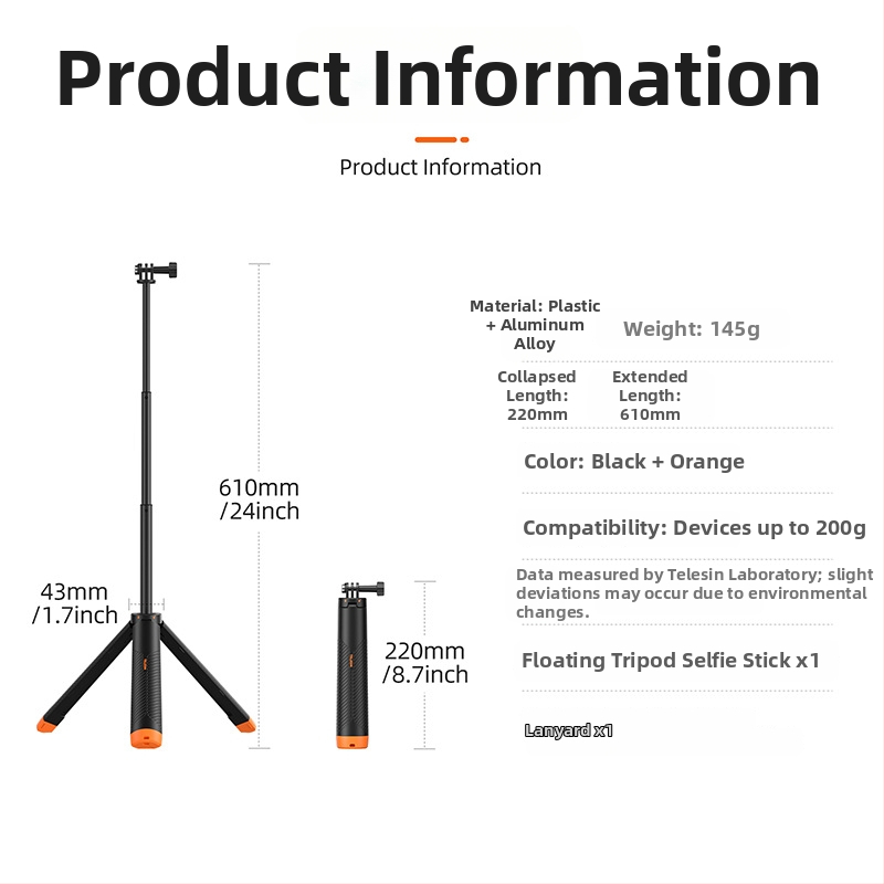 Plūstošs selfie statīvs GoPro, DJI un Insta360 kamerām (TELESIN; Modelis S1-tss-02; Materiāls: plastmasa + alumīnija sakausējums; Universāla savietojamība)