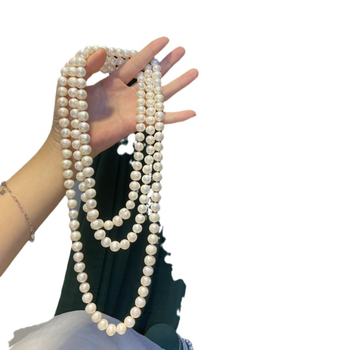 Αλυσίδα μαργαριριών για πουλόβερ, μακρύ κολιέ • Υλικό: Μαργαριτάρια • Γεωμετρικός σχεδιασμός • Γυναικεία μόδα