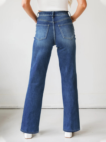 Moterų platėjančios džinsinės kelnės, vidutinio juosmens, aukšta elastingumas, medvilnės–poliesterio mišinys, ilgos