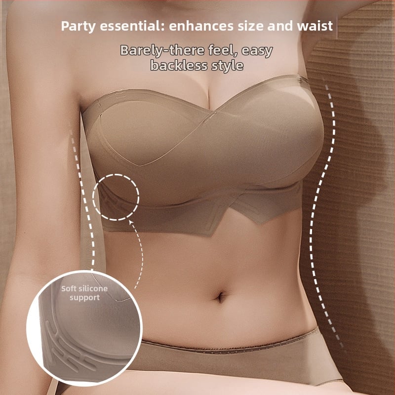 Liemenėlė be petnešių, belaidė, be siūlių, nematoma po drabužiais; 1/2 puodelio, ploni formuojami puodeliai; nuimami dvigubi dirželiai