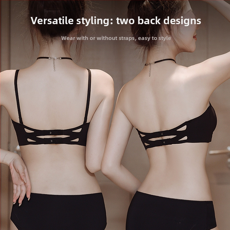 Bez plecu siksnas, bez vadiem, bezšuvju krūšturis, neredzams zem apģērba; 1/2 kauss, plāni veidoti kausi; noņemamas dubultās siksnas