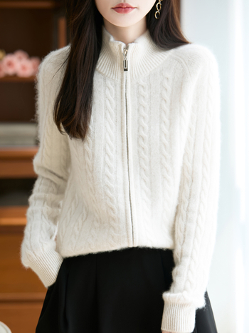 Vilnos kardiganas su puse aukštu kaklu, laisvas kirpimas, užtrauktukas, 95% vilna