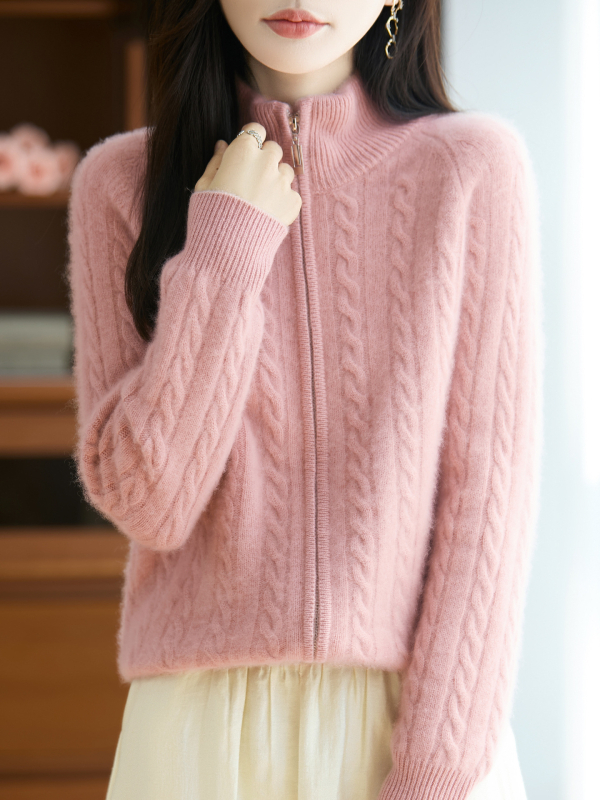 Vilnos kardiganas su puse aukštu kaklu, laisvas kirpimas, užtrauktukas, 95% vilna