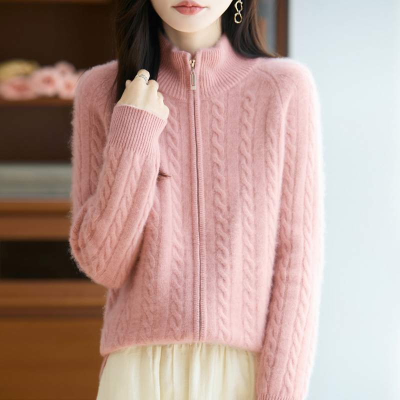 Vilnos kardiganas su puse aukštu kaklu, laisvas kirpimas, užtrauktukas, 95% vilna