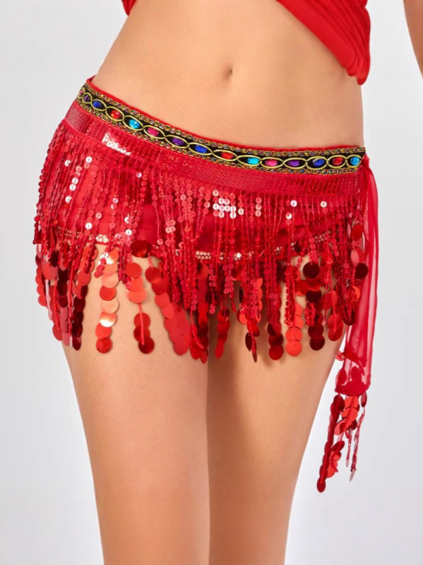 Traka za struk za belly dance s šljokicama i resicama, šifonska tkanina, 90–95% poliester, PVC detalji, model W-057, za žene