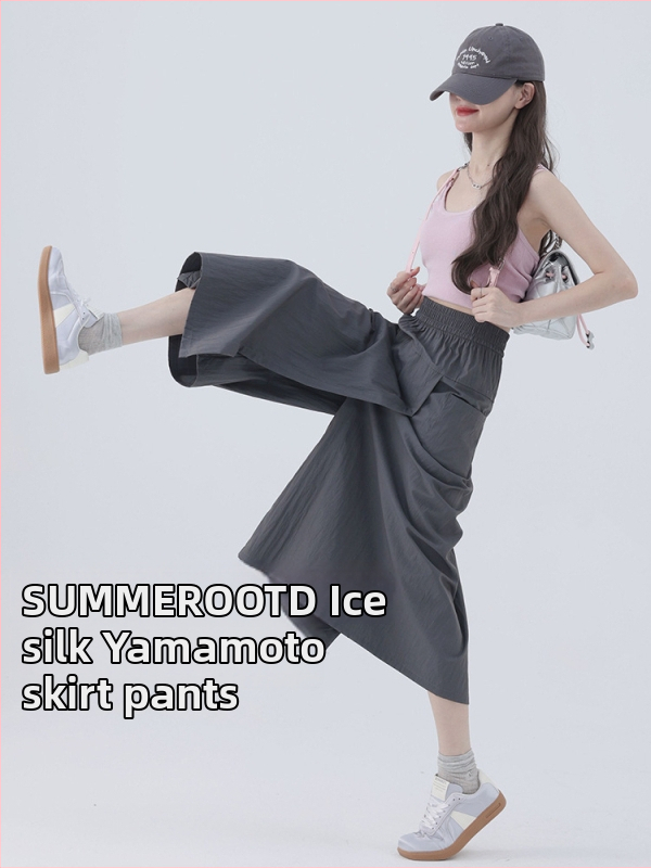 Plus izmēra sieviešu culottes Yamamoto Tooling, 2025 pavasaris–vasara, augsta josta, plata kāja, vienkrāsains raksts, 70-80% poliesteris, 20-30% neilons