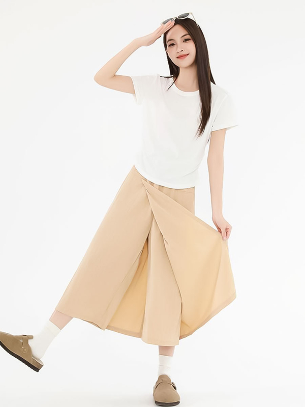 Плюс размер дамски кулоти Yamamoto Tooling, 2025 пролет-лято, висока талия, широки крачоли, солиден дизайн, 70-80% полиестер, 20-30% найлон