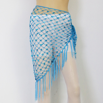 Hip šal Belly Dance s šljokicama i resicama — mrežasti veliki trokutasti šal za struk, materijal rayon s polyesterom i spandeksom, ženski moderni plesni kostim
