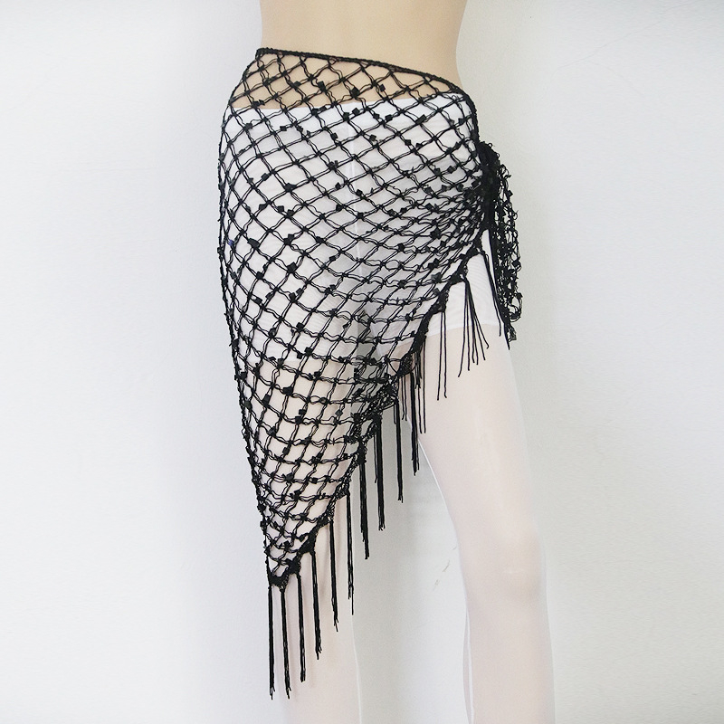 Hip šal Belly Dance s šljokicama i resicama — mrežasti veliki trokutasti šal za struk, materijal rayon s polyesterom i spandeksom, ženski moderni plesni kostim