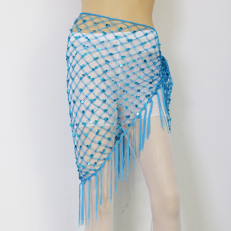 Hip šal Belly Dance s šljokicama i resicama — mrežasti veliki trokutasti šal za struk, materijal rayon s polyesterom i spandeksom, ženski moderni plesni kostim