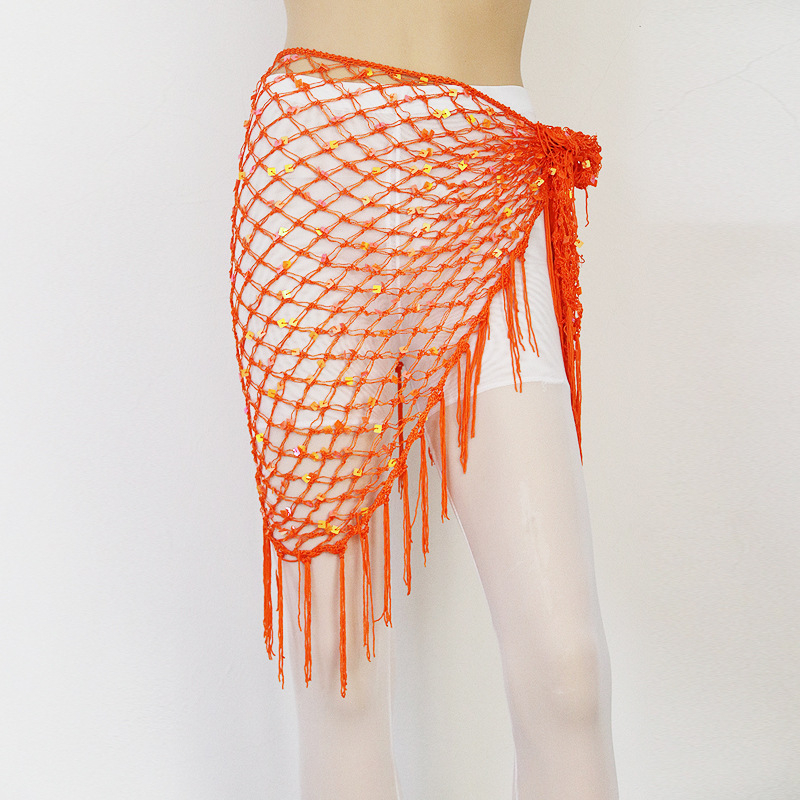 Hip šal Belly Dance s šljokicama i resicama — mrežasti veliki trokutasti šal za struk, materijal rayon s polyesterom i spandeksom, ženski moderni plesni kostim