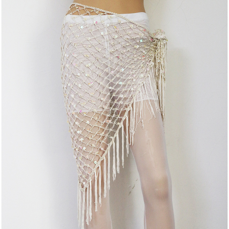 Hip šal Belly Dance s šljokicama i resicama — mrežasti veliki trokutasti šal za struk, materijal rayon s polyesterom i spandeksom, ženski moderni plesni kostim