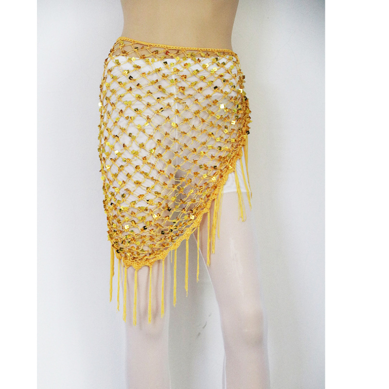 Hip šal Belly Dance s šljokicama i resicama — mrežasti veliki trokutasti šal za struk, materijal rayon s polyesterom i spandeksom, ženski moderni plesni kostim