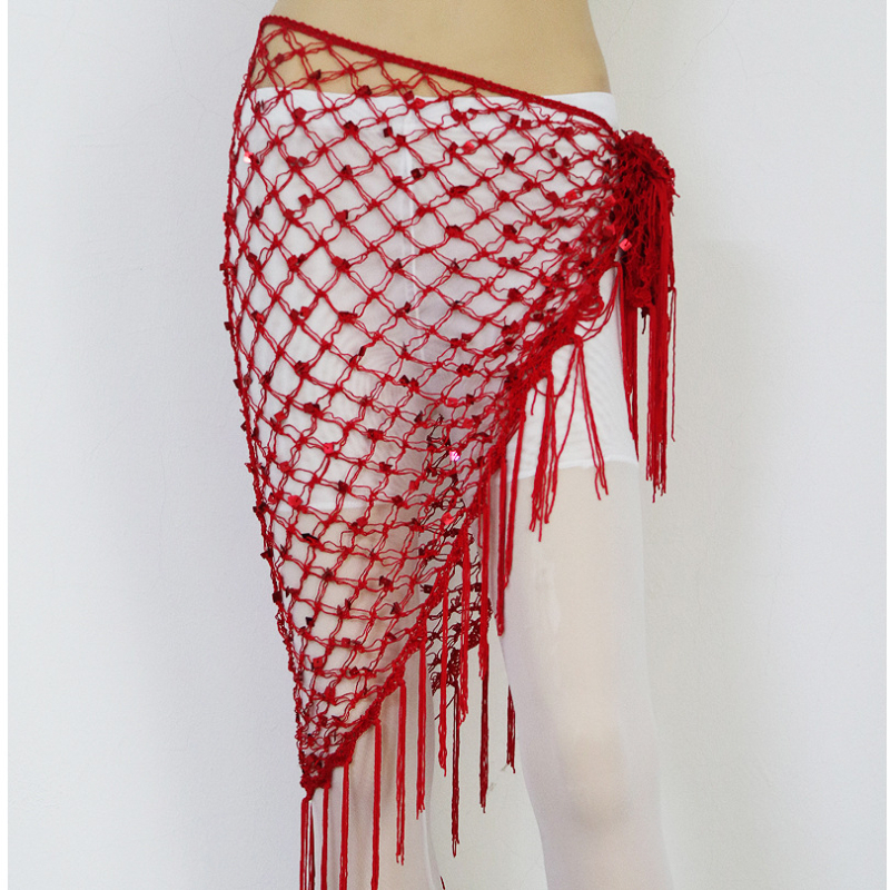 Hip šal Belly Dance s šljokicama i resicama — mrežasti veliki trokutasti šal za struk, materijal rayon s polyesterom i spandeksom, ženski moderni plesni kostim