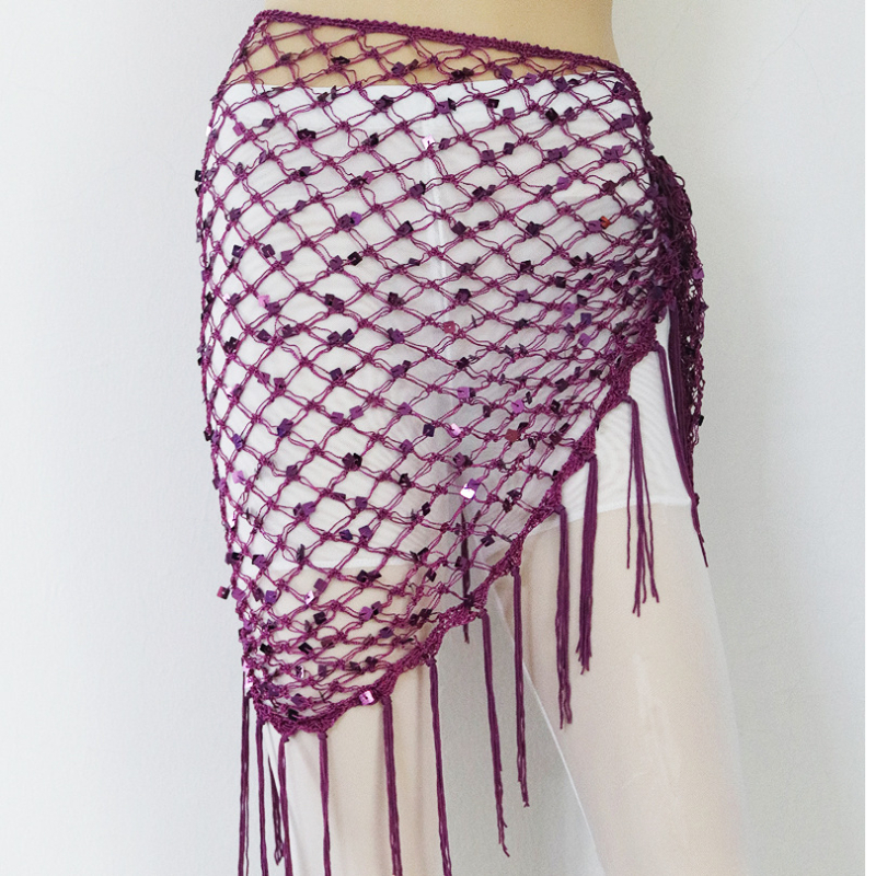 Hip šal Belly Dance s šljokicama i resicama — mrežasti veliki trokutasti šal za struk, materijal rayon s polyesterom i spandeksom, ženski moderni plesni kostim