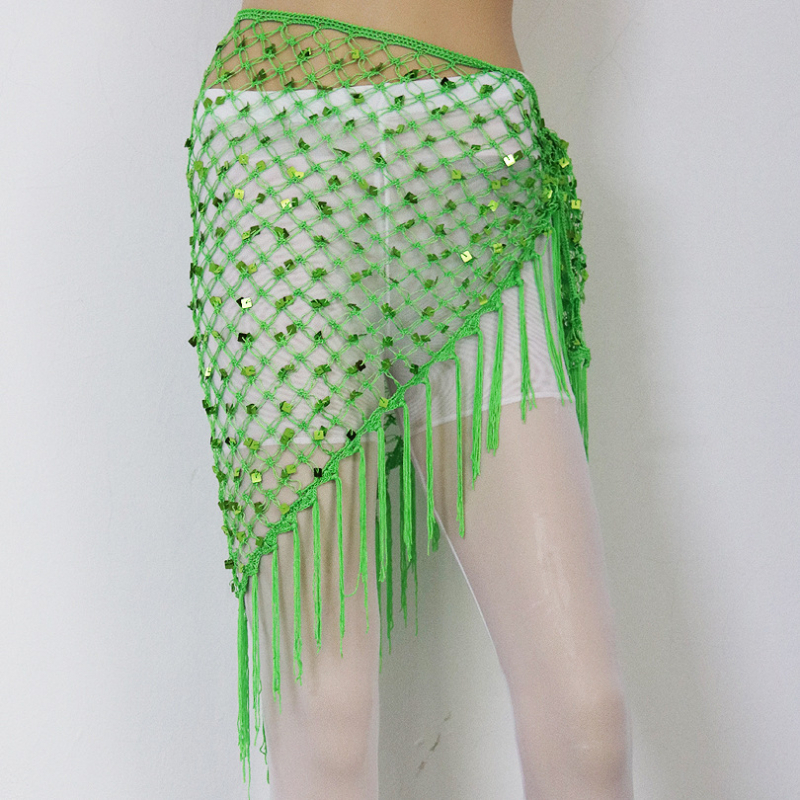 Hip šal Belly Dance s šljokicama i resicama — mrežasti veliki trokutasti šal za struk, materijal rayon s polyesterom i spandeksom, ženski moderni plesni kostim