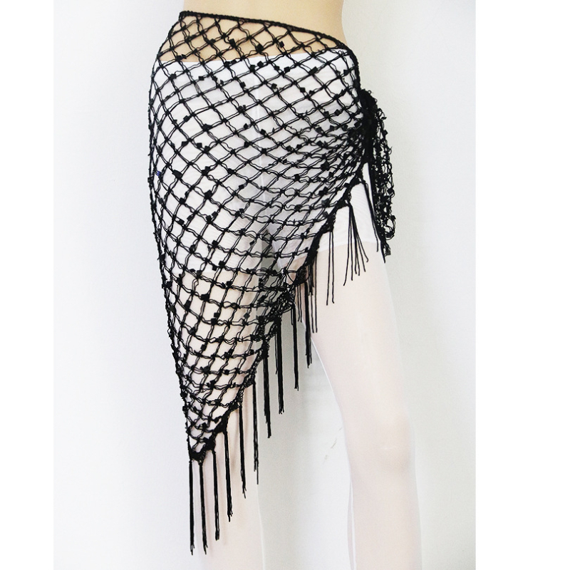 Hip šal Belly Dance s šljokicama i resicama — mrežasti veliki trokutasti šal za struk, materijal rayon s polyesterom i spandeksom, ženski moderni plesni kostim