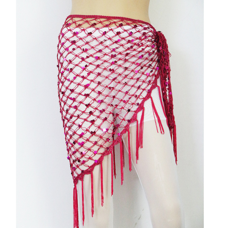 Hip šal Belly Dance s šljokicama i resicama — mrežasti veliki trokutasti šal za struk, materijal rayon s polyesterom i spandeksom, ženski moderni plesni kostim