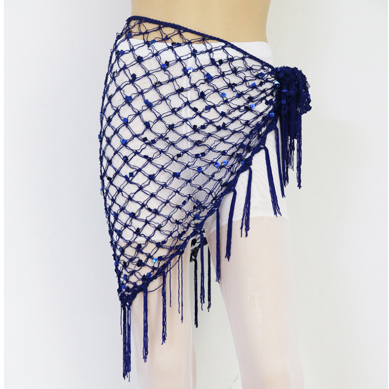 Hip šal Belly Dance s šljokicama i resicama — mrežasti veliki trokutasti šal za struk, materijal rayon s polyesterom i spandeksom, ženski moderni plesni kostim