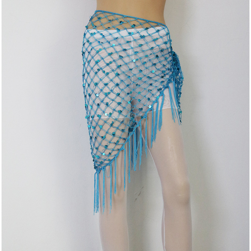 Hip šal Belly Dance s šljokicama i resicama — mrežasti veliki trokutasti šal za struk, materijal rayon s polyesterom i spandeksom, ženski moderni plesni kostim