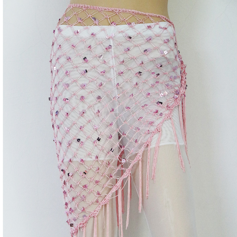 Hip šal Belly Dance s šljokicama i resicama — mrežasti veliki trokutasti šal za struk, materijal rayon s polyesterom i spandeksom, ženski moderni plesni kostim