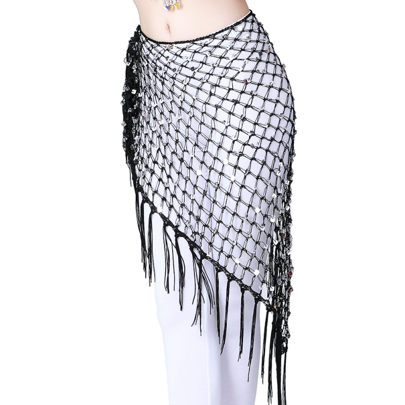 Hip šal Belly Dance s šljokicama i resicama — mrežasti veliki trokutasti šal za struk, materijal rayon s polyesterom i spandeksom, ženski moderni plesni kostim