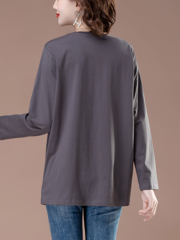 Ženski pamukasti T-shirt s dugim rukavima, srednje duljine, ležernog kroja, okrugli izrez, pokriva trbuh, gradski dnevni stil