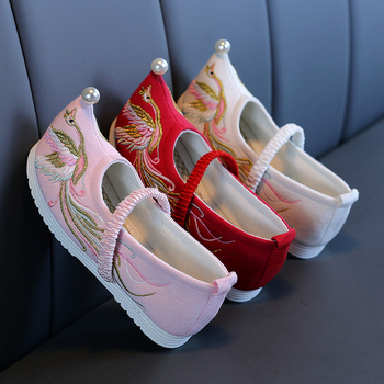 Παιδικά παπούτσια για κορίτσια, στυλ εθνικού ανέμου, άνω μέρος από βαμβακερό ύφασμα, εσωτερική σόλα από ύφασμα, σόλα από μοσχαρινό τένοντας, κλείσιμο με ελαστικό ιμάντα