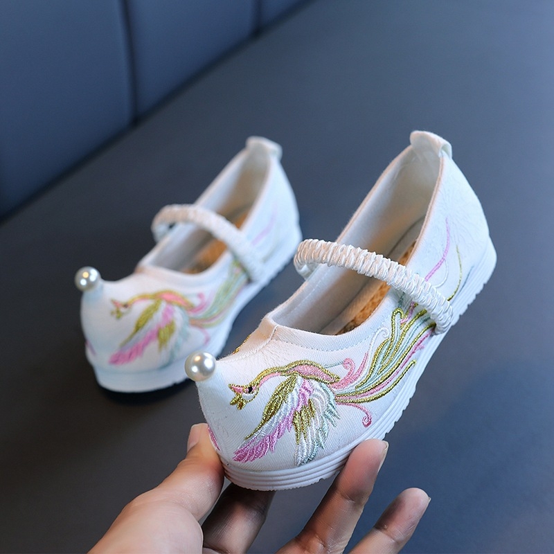 Παιδικά παπούτσια για κορίτσια, στυλ εθνικού ανέμου, άνω μέρος από βαμβακερό ύφασμα, εσωτερική σόλα από ύφασμα, σόλα από μοσχαρινό τένοντας, κλείσιμο με ελαστικό ιμάντα