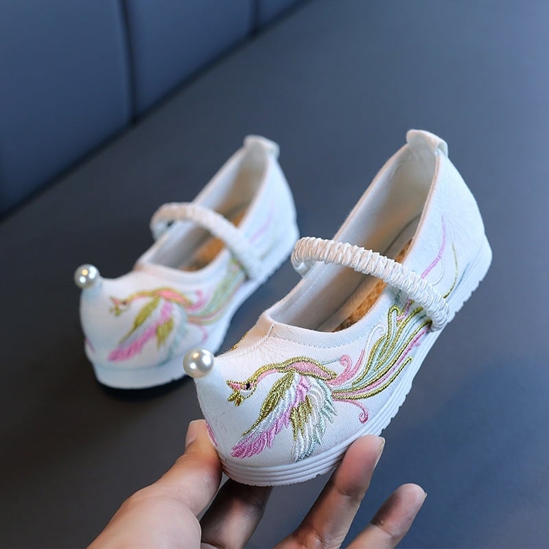 Παιδικά παπούτσια για κορίτσια, στυλ εθνικού ανέμου, άνω μέρος από βαμβακερό ύφασμα, εσωτερική σόλα από ύφασμα, σόλα από μοσχαρινό τένοντας, κλείσιμο με ελαστικό ιμάντα