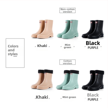 Sieviešu lietus zābaki, ūdensdroši un pretslīdējoši, plastmasas augšdaļa, vidēja garuma zābaki, zemais papēdis 1–3 cm, piemēroti visu gadu