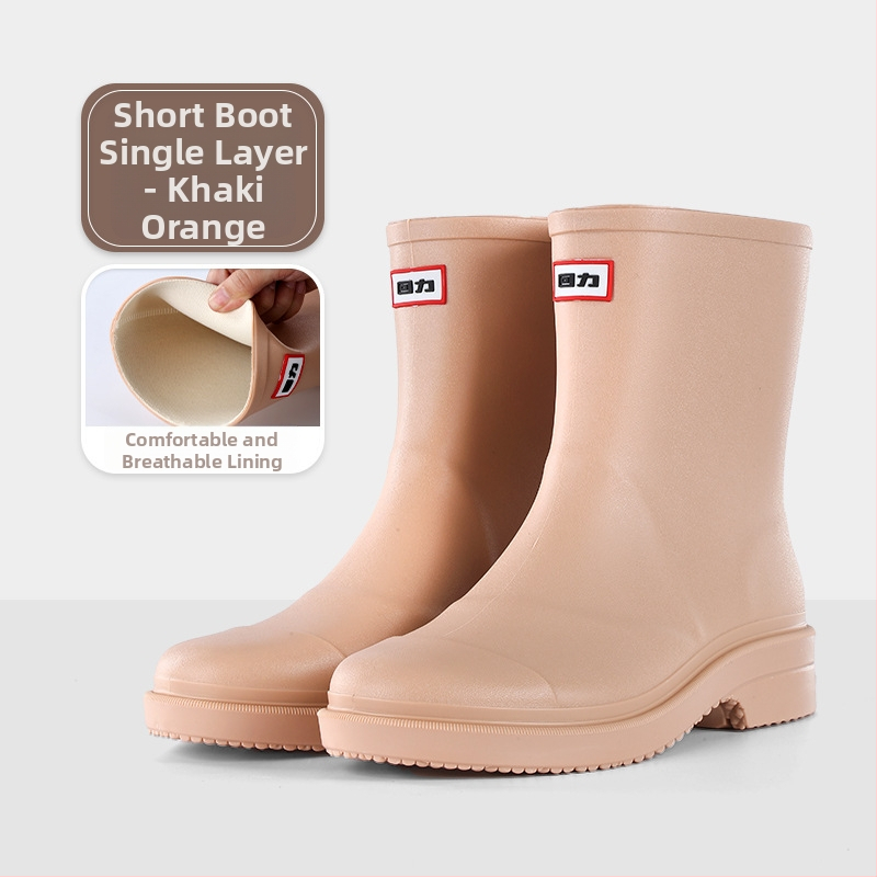 Sieviešu lietus zābaki, ūdensdroši un pretslīdējoši, plastmasas augšdaļa, vidēja garuma zābaki, zemais papēdis 1–3 cm, piemēroti visu gadu