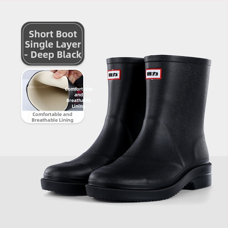 Sieviešu lietus zābaki, ūdensdroši un pretslīdējoši, plastmasas augšdaļa, vidēja garuma zābaki, zemais papēdis 1–3 cm, piemēroti visu gadu