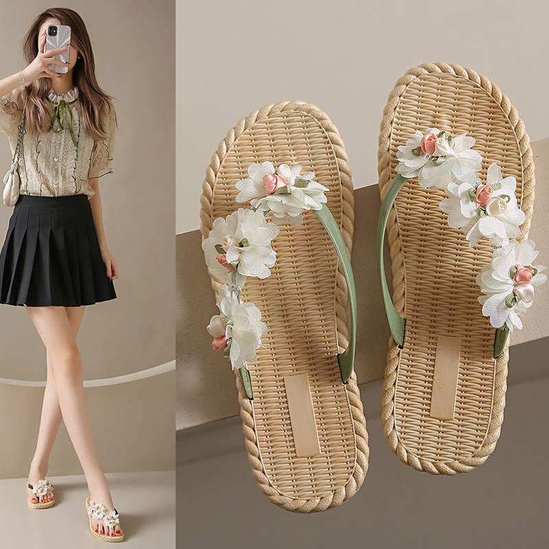 Ženske PVC japanke s floralnim uzorkom, protuklizne i otporne na habanje, otvorenim prstima, ravna potplata, plažne sandale, debljina potplata 0–3 cm