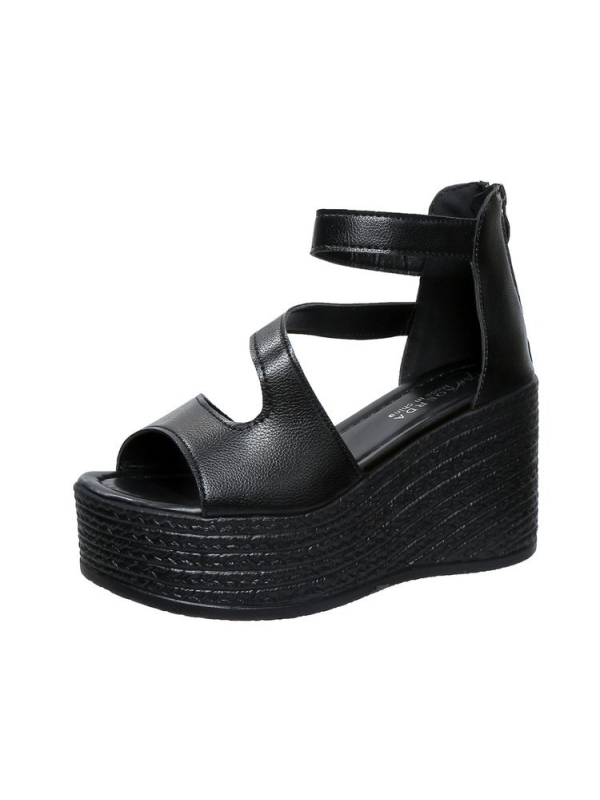 Дамски сандали с носче във формата на риба, клиновиден ток 8–10 см, еластична лента, заден цип, горна част от суперфибър