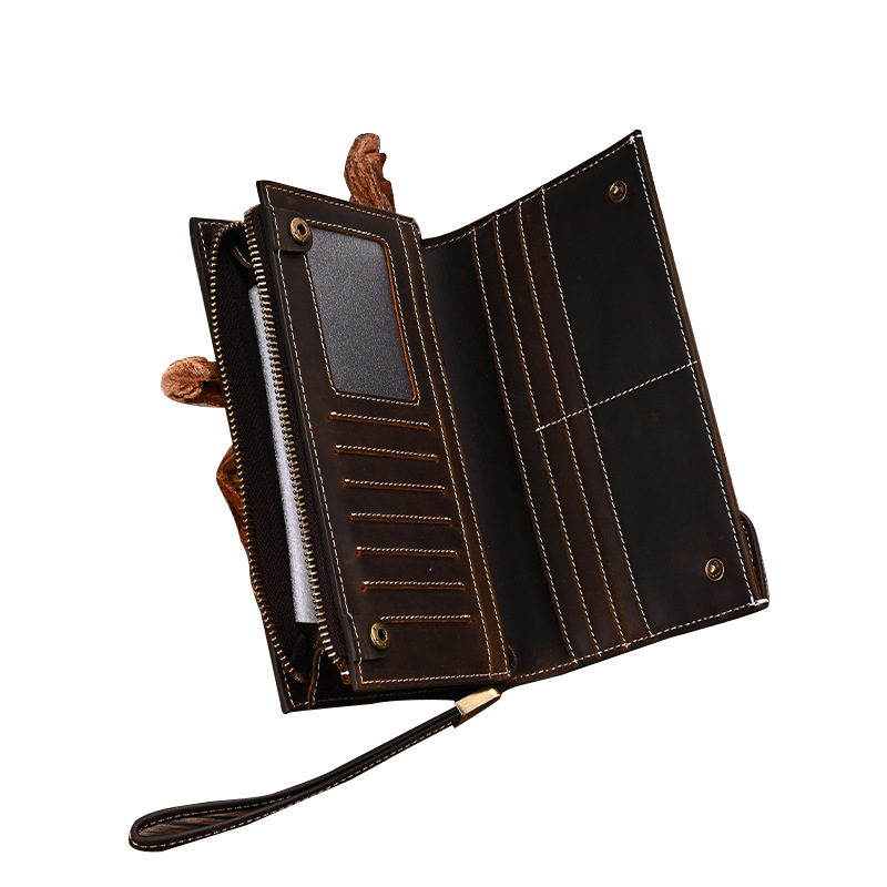 Дълъг мъжки портфейл с цип, естествена кожа, горен слой телешка кожа, множество отделения за карти, Artisan Pavilion Leather