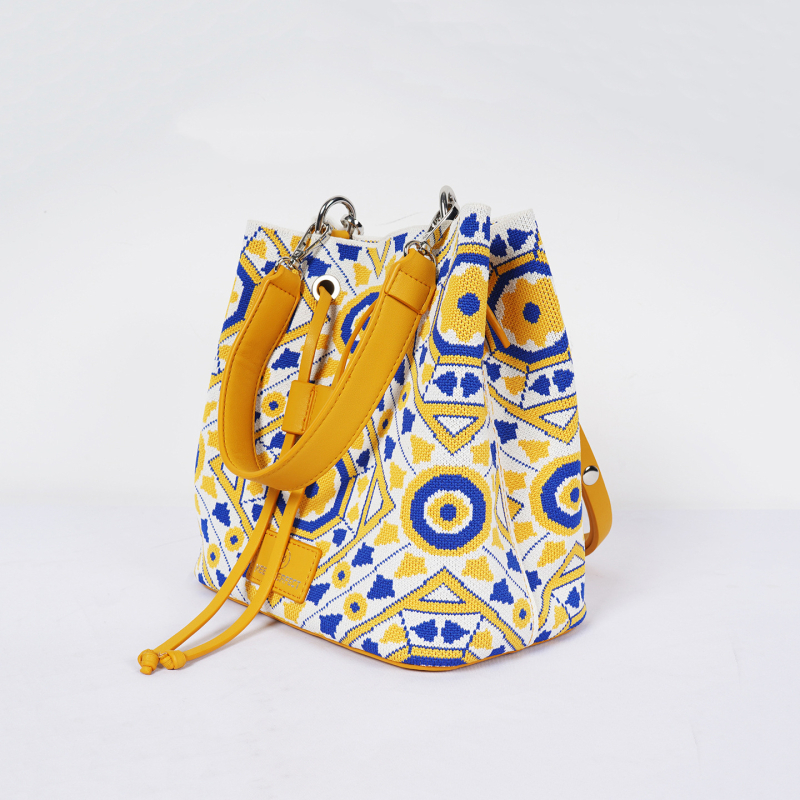 Geantă bucket croită manual pentru femei, închidere cu șnur, material din fir, curea pe umăr, pentru deplasări de afaceri