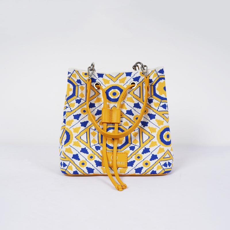 Geantă bucket croită manual pentru femei, închidere cu șnur, material din fir, curea pe umăr, pentru deplasări de afaceri