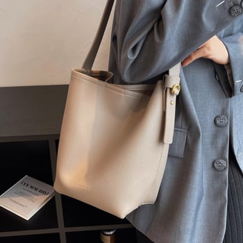 Geantă tip găleată în stil urban simplu, material PU, formă găleată, căptușeală din piele sintetică, închidere magnetică