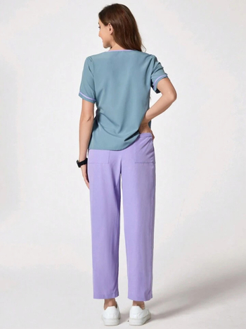 Cmeina set de lucru din două piese, mâneci scurte, decolteu în V, material poliester/elastan cu absorbție a umezelii, pantaloni lungi