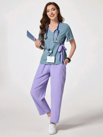 Cmeina set de lucru din două piese, mâneci scurte, decolteu în V, material poliester/elastan cu absorbție a umezelii, pantaloni lungi