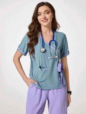 Cmeina set de lucru din două piese, mâneci scurte, decolteu în V, material poliester/elastan cu absorbție a umezelii, pantaloni lungi