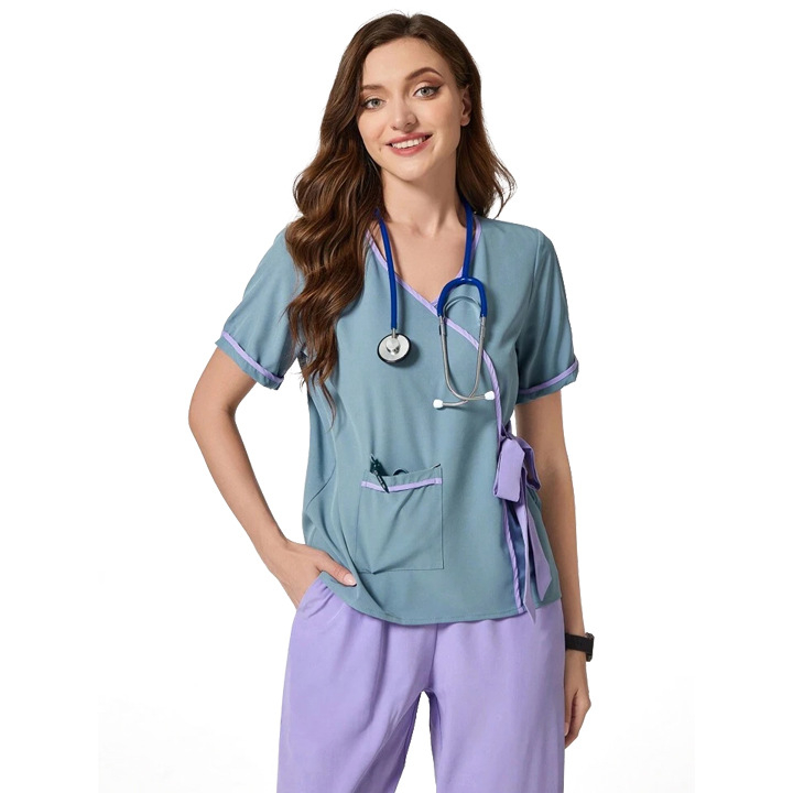 Cmeina set de lucru din două piese, mâneci scurte, decolteu în V, material poliester/elastan cu absorbție a umezelii, pantaloni lungi