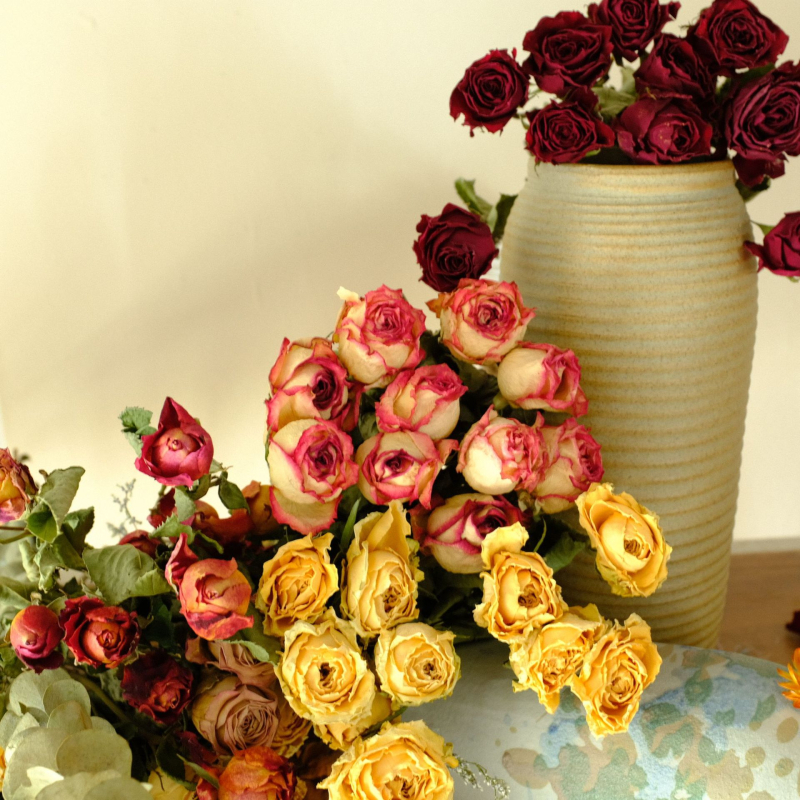 Клонки рози – сушени рози със листни жилки – за букет – опаковка картон – марка Spring keeps flowers