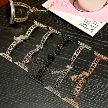 Apple Watch лента - метална, дизайн със сърце и двойни пръти, прост стил