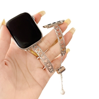 Apple Watch лента - метална, дизайн със сърце и двойни пръти, прост стил
