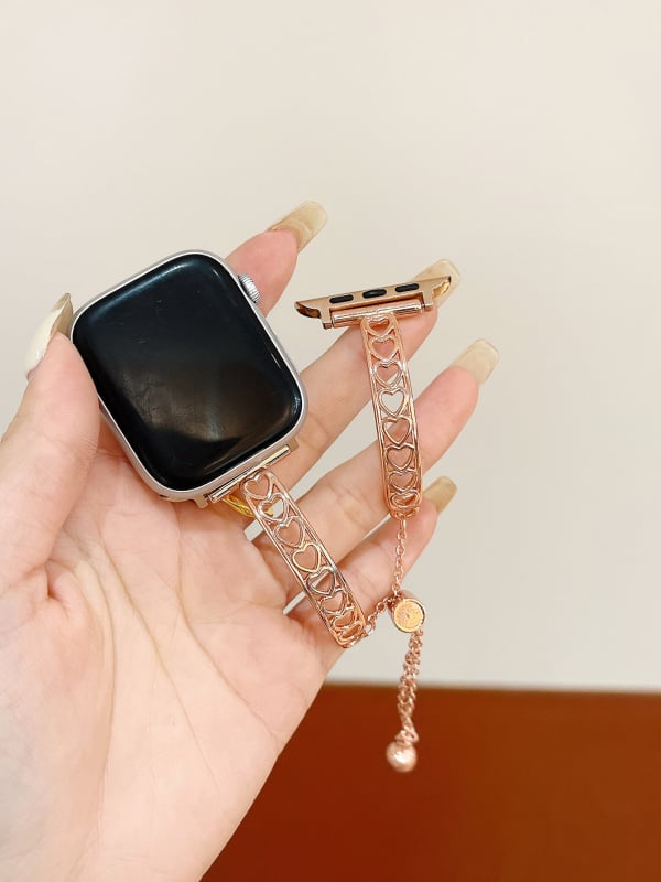Apple Watch лента - метална, дизайн със сърце и двойни пръти, прост стил
